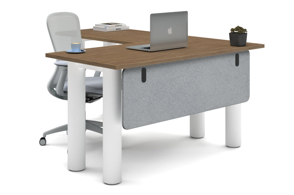 Quadro Cylinder Leg - L Shaped Corner Office Desk  [1400L x 1700W]-white leg salvage oak light grey acoustic modesty panel (350H x 1200W)