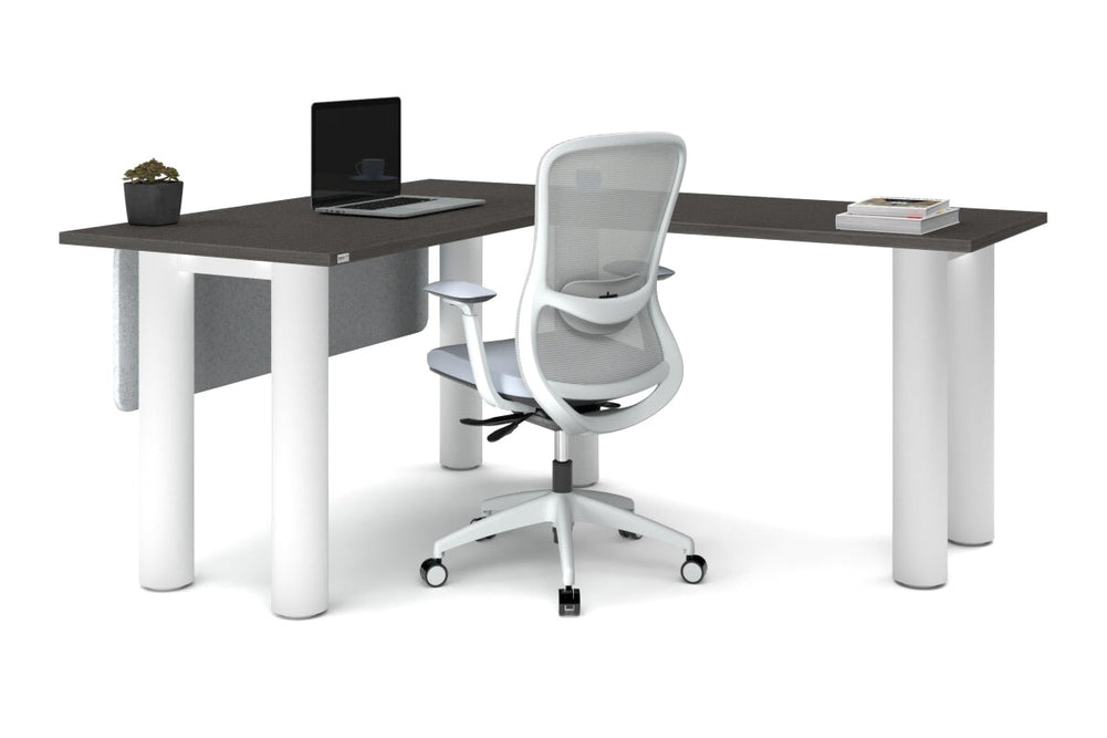 Quadro Cylinder Leg - L Shaped Corner Office Desk  [1400L x 1700W]-black leg dark oak metal modesty panel