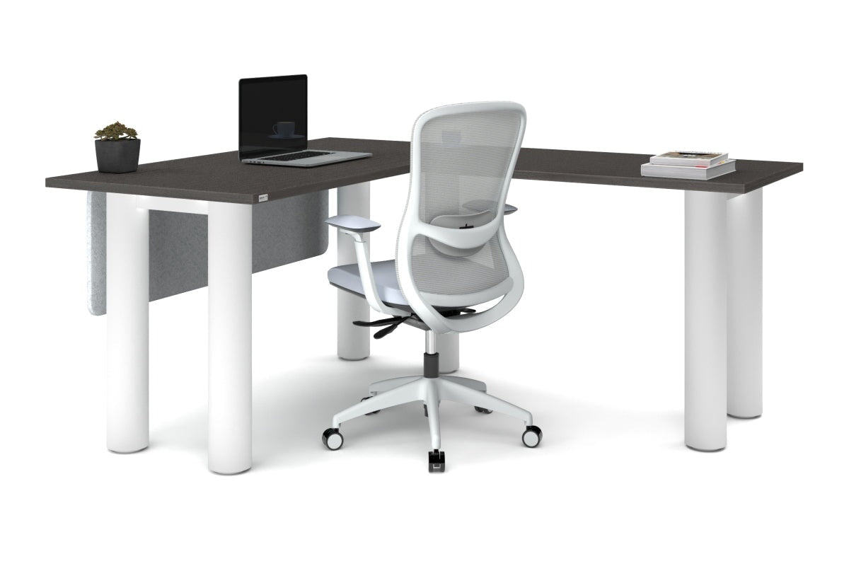 Quadro Cylinder Leg - L Shaped Corner Office Desk  [1400L x 1700W]-black leg dark oak metal modesty panel