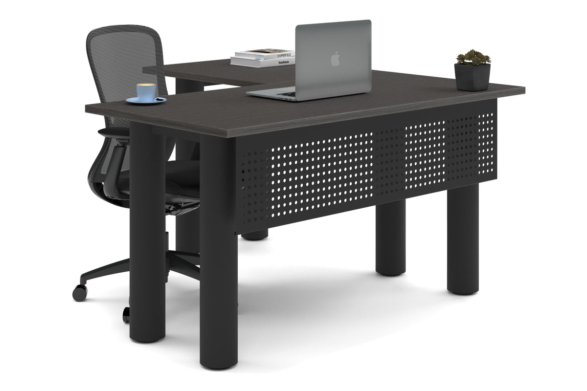 Quadro Cylinder Leg - L Shaped Corner Office Desk  [1400L x 1700W]-black leg dark oak metal modesty panel