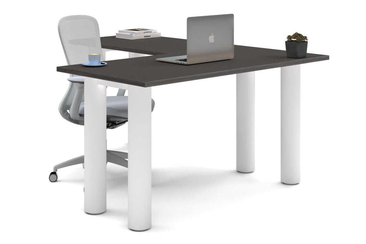 Quadro Cylinder Leg - L Shaped Corner Office Desk  [1400L x 1700W]-black leg dark oak metal modesty panel
