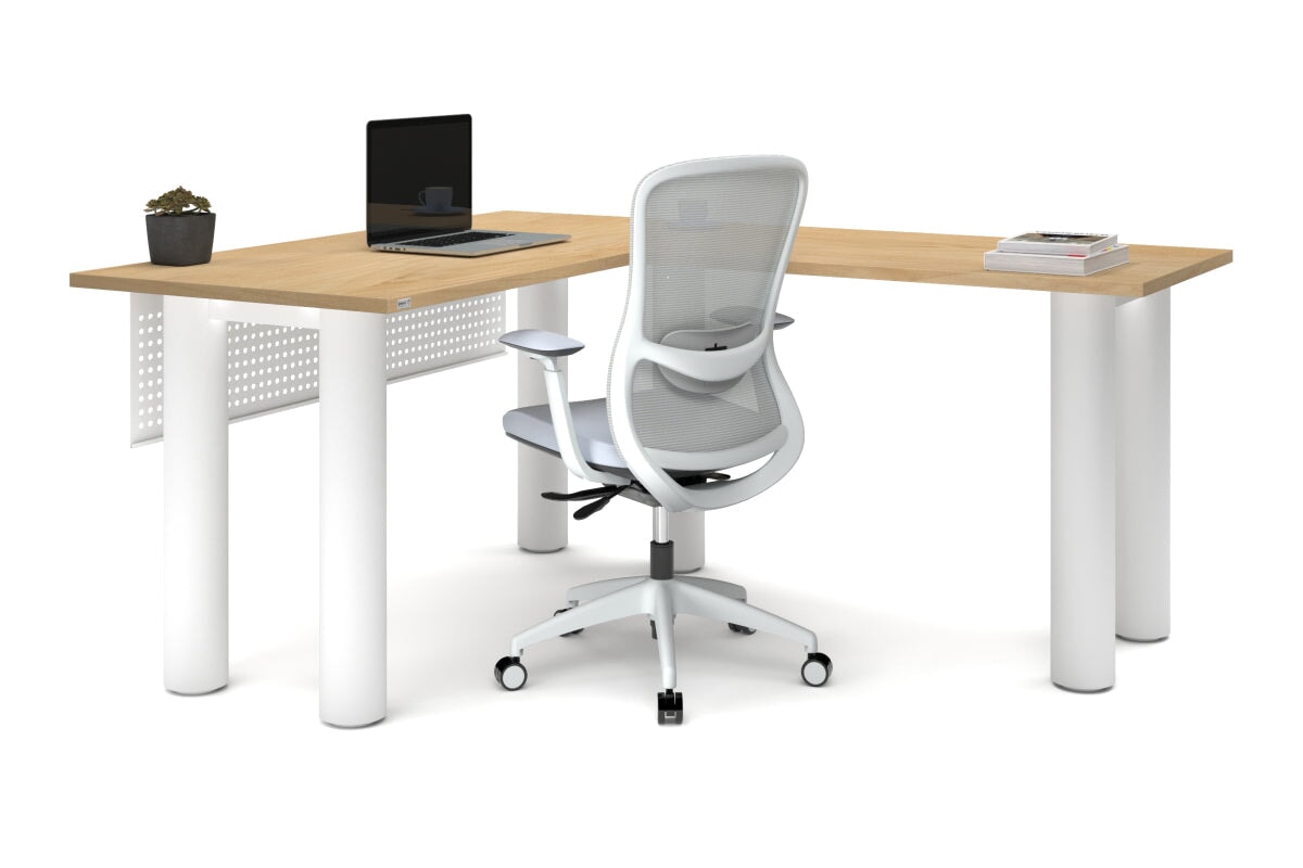 Quadro Cylinder Leg - L Shaped Corner Office Desk  [1400L x 1700W]-black leg dark oak metal modesty panel