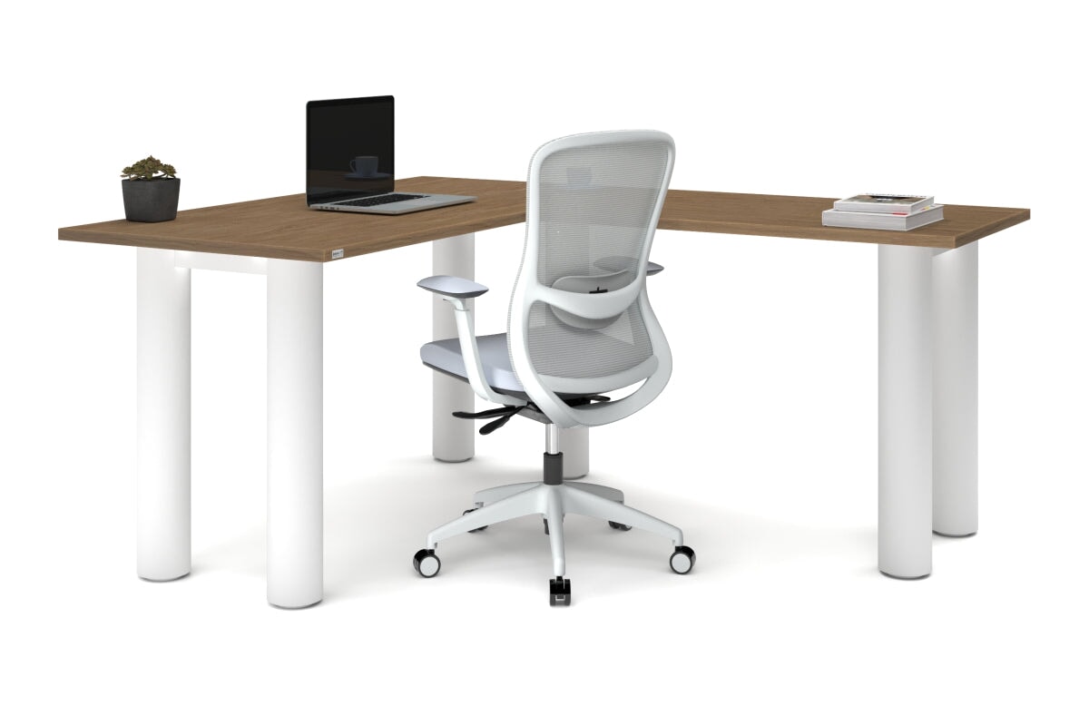 Quadro Cylinder Leg - L Shaped Corner Office Desk  [1400L x 1700W]-black leg dark oak metal modesty panel