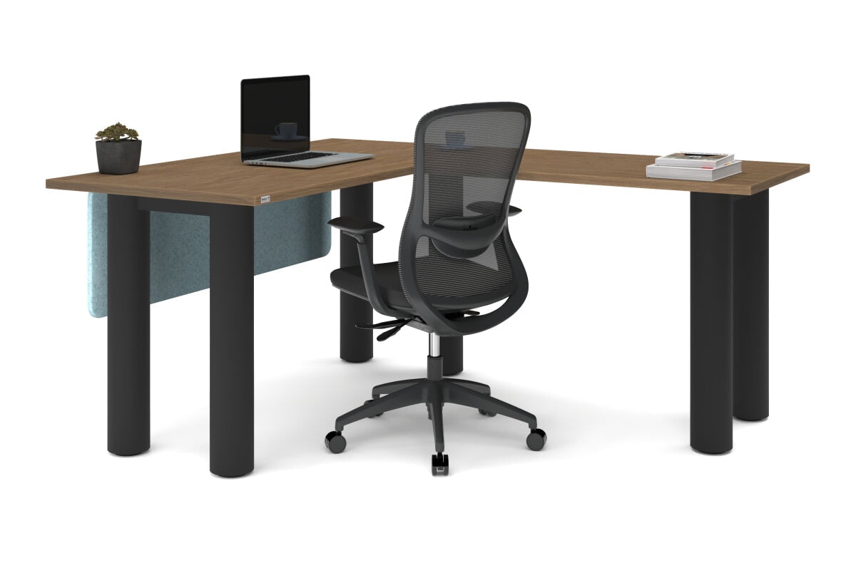 Quadro Cylinder Leg - L Shaped Corner Office Desk  [1400L x 1700W]-black leg dark oak metal modesty panel