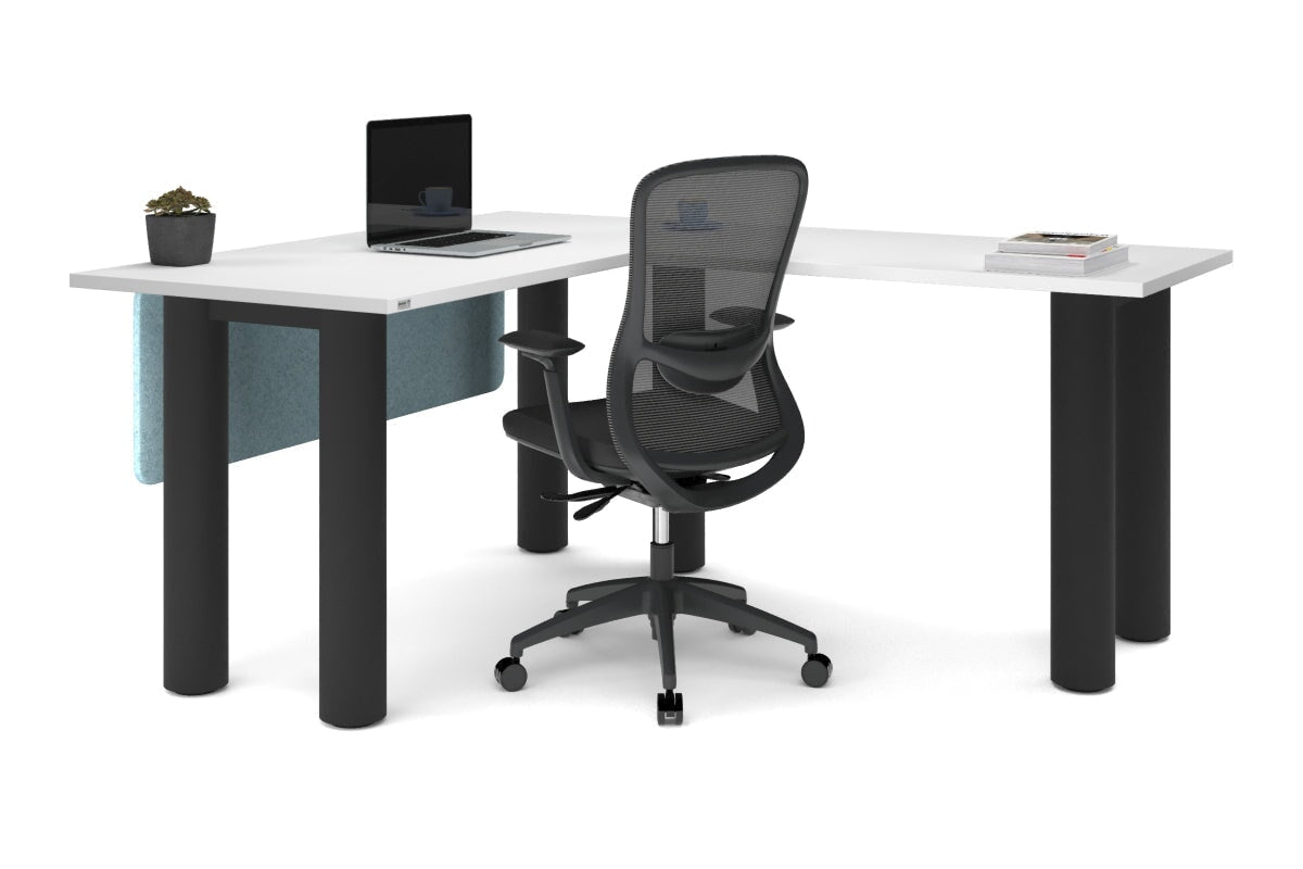 Quadro Cylinder Leg - L Shaped Corner Office Desk  [1400L x 1700W]-black leg dark oak metal modesty panel