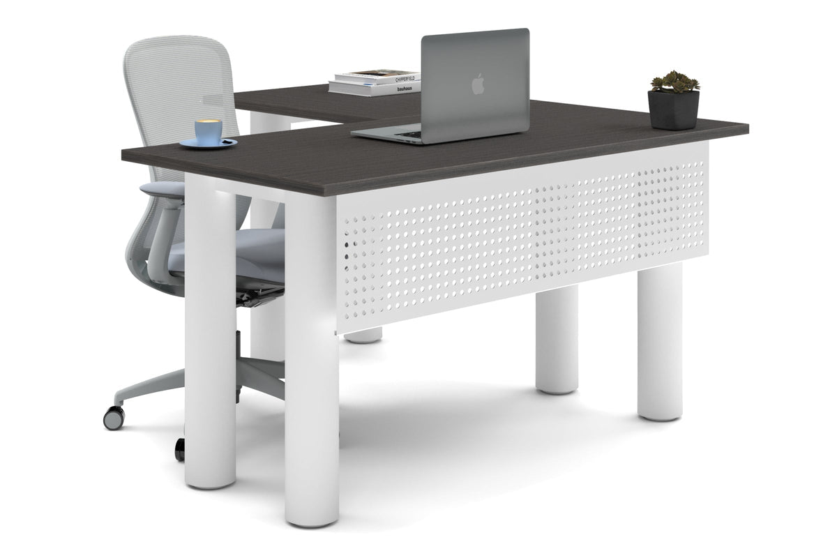 Quadro Cylinder Leg - L Shaped Corner Office Desk  [1400L x 1700W]-white leg dark oak metal modesty panel