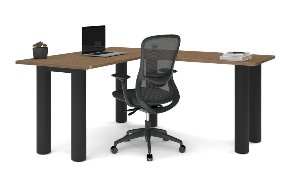 Quadro Cylinder Leg - L Shaped Corner Office Desk  [1400L x 1700W]-black leg dark oak metal modesty panel