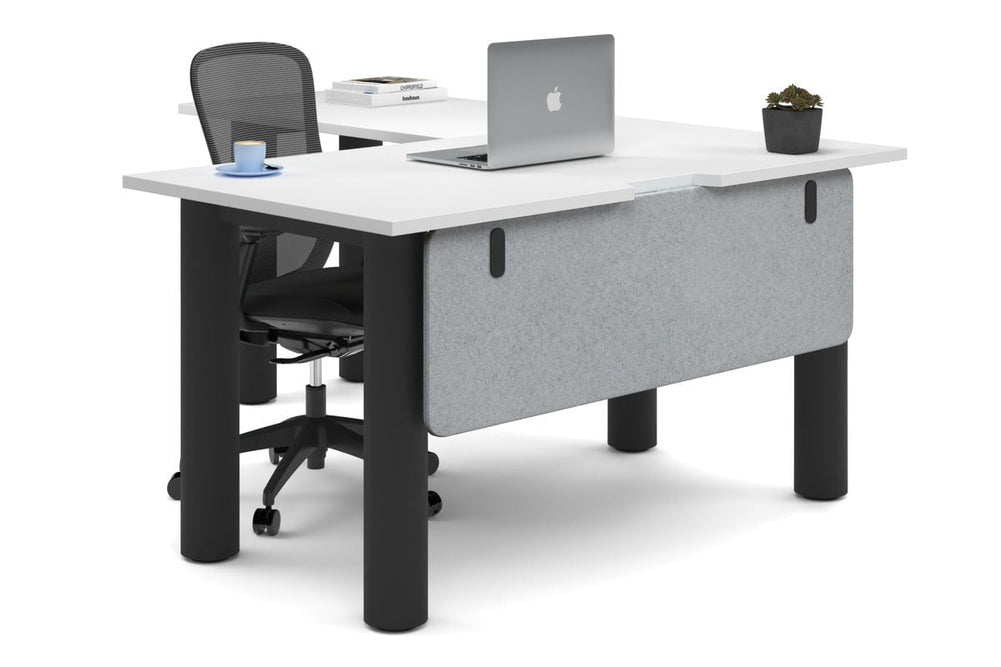 Quadro Cylinder Leg - L Shaped Corner Office Desk  [1400L x 1800W with Cable Scallop]-black leg white light grey acoustic modesty panel (350H x 1200W)