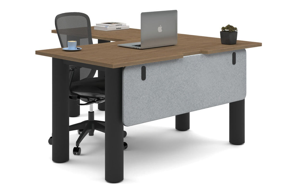 Quadro Cylinder Leg - L Shaped Corner Office Desk  [1400L x 1800W with Cable Scallop]-black leg salvage oak light grey acoustic modesty panel (350H x 1200W)