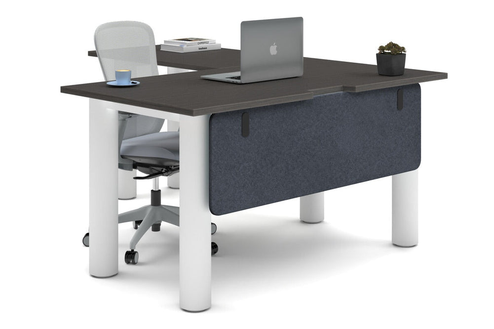 Quadro Cylinder Leg - L Shaped Corner Office Desk  [1400L x 1800W with Cable Scallop]-white leg dark oak dark grey acoustic modesty panel (350H x 1200W)