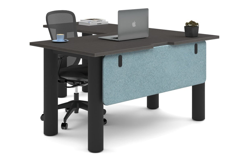 Quadro Cylinder Leg - L Shaped Corner Office Desk  [1400L x 1800W with Cable Scallop]-black leg dark oak blue acoustic modesty panel (350H x 1200W)