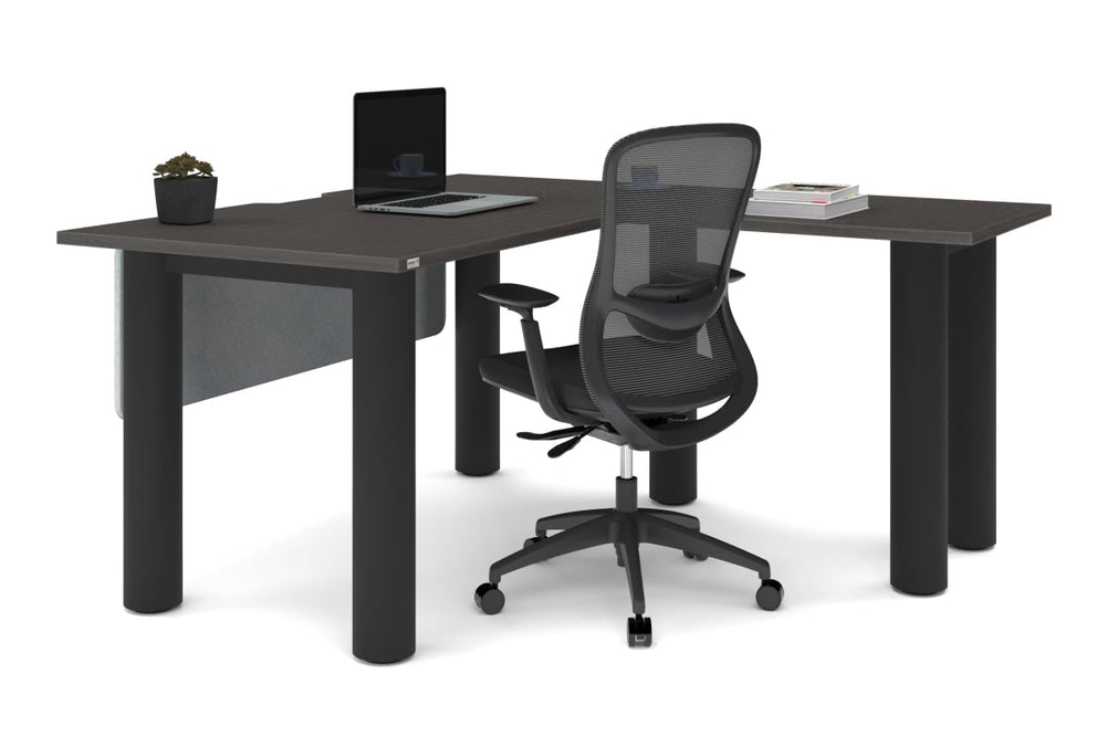 Quadro Cylinder Leg - L Shaped Corner Office Desk  [1400L x 1800W with Cable Scallop]-black leg dark oak metal modesty panel