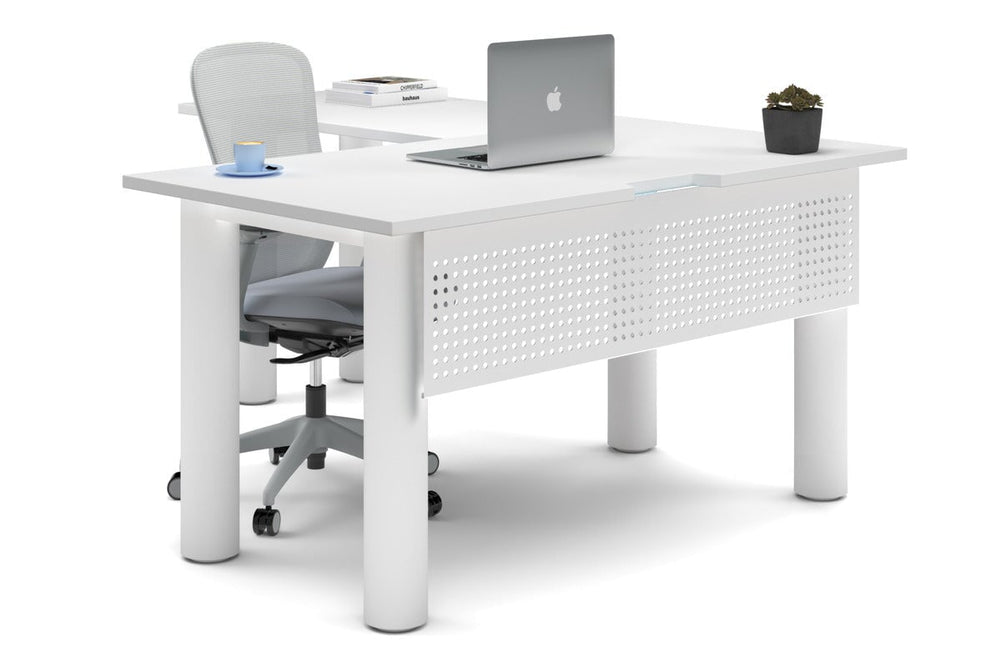Quadro Cylinder Leg - L Shaped Corner Office Desk  [1400L x 1800W with Cable Scallop]-white leg white metal modesty panel