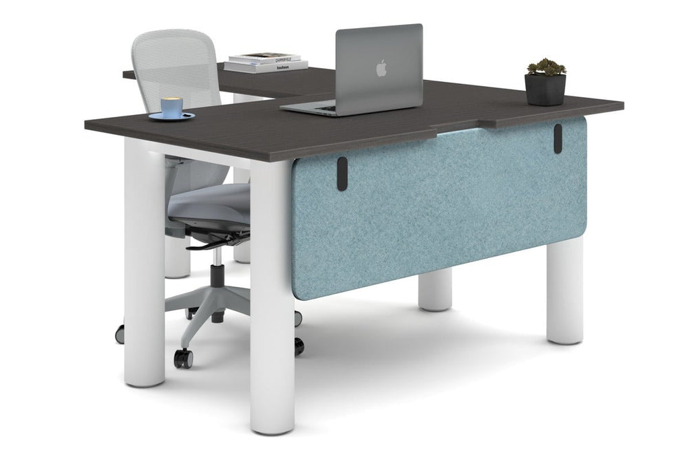 Quadro Cylinder Leg - L Shaped Corner Office Desk  [1400L x 1800W with Cable Scallop]-white leg dark oak blue acoustic modesty panel (350H x 1200W)