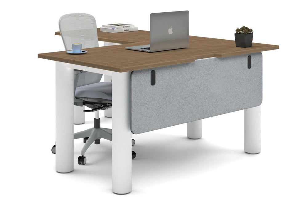 Quadro Cylinder Leg - L Shaped Corner Office Desk  [1400L x 1800W with Cable Scallop]-white leg salvage oak light grey acoustic modesty panel (350H x 1200W)