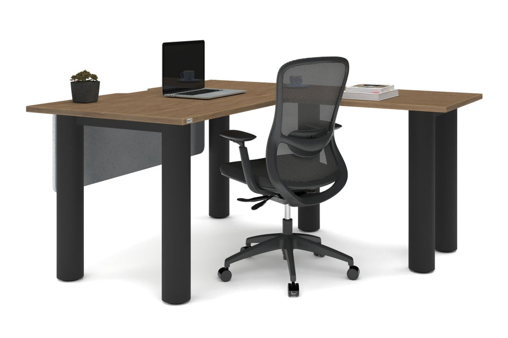 Quadro Cylinder Leg - L Shaped Corner Office Desk  [1400L x 1800W with Cable Scallop]-black leg dark oak metal modesty panel