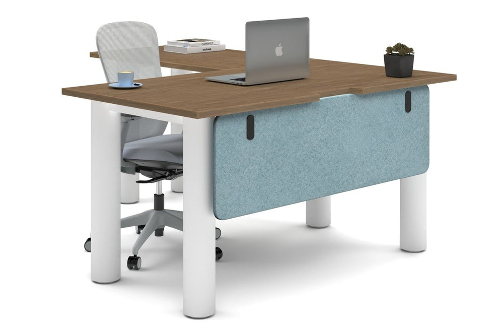 Quadro Cylinder Leg - L Shaped Corner Office Desk  [1400L x 1800W with Cable Scallop]-white leg salvage oak blue acoustic modesty panel (350H x 1200W)