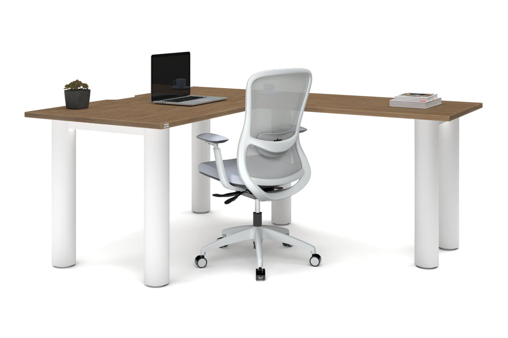 Quadro Cylinder Leg - L Shaped Corner Office Desk  [1400L x 1800W with Cable Scallop]-black leg dark oak metal modesty panel