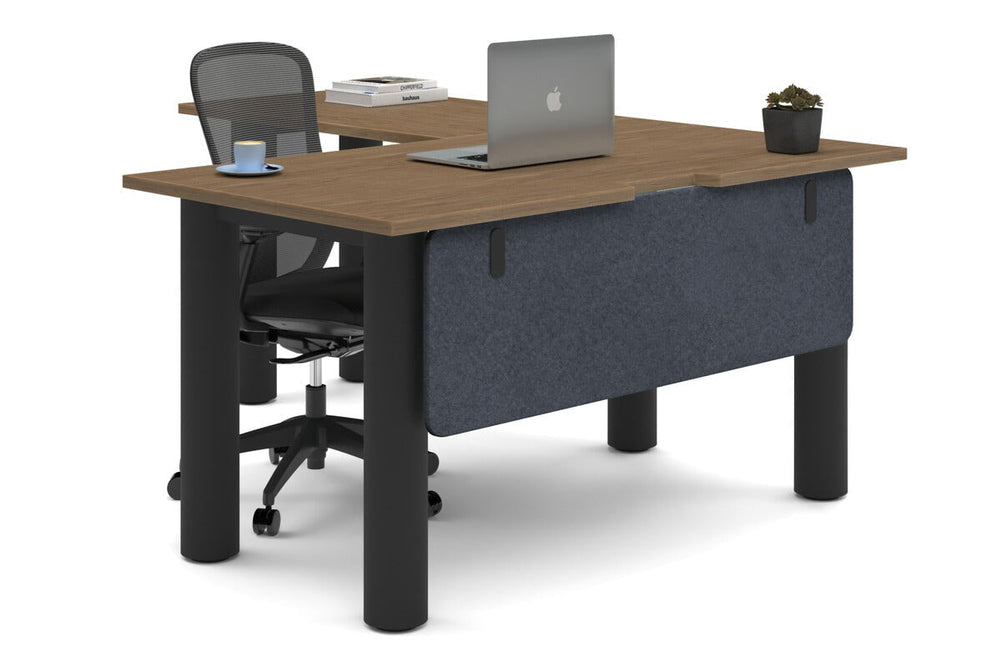 Quadro Cylinder Leg - L Shaped Corner Office Desk  [1400L x 1800W with Cable Scallop]-black leg salvage oak dark grey acoustic modesty panel (350H x 1200W)