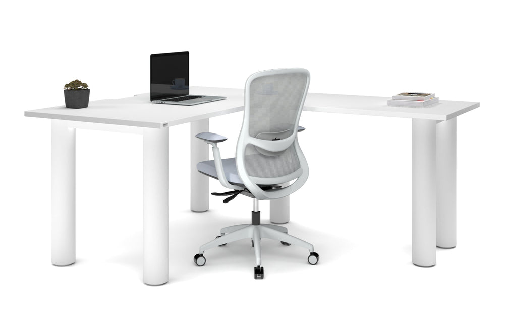 Quadro Cylinder Leg - L Shaped Corner Office Desk  [1400L x 1800W with Cable Scallop]-black leg dark oak metal modesty panel