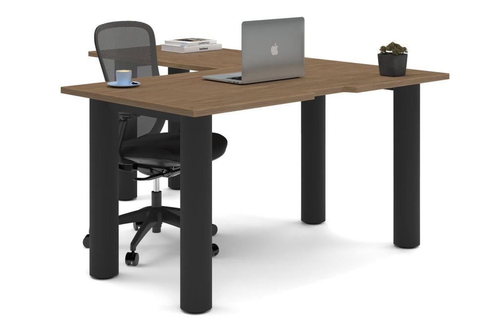 Quadro Cylinder Leg - L Shaped Corner Office Desk  [1400L x 1800W with Cable Scallop]-black leg salvage oak none