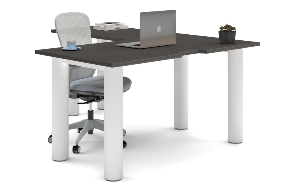 Quadro Cylinder Leg - L Shaped Corner Office Desk  [1400L x 1800W with Cable Scallop]-white leg dark oak none