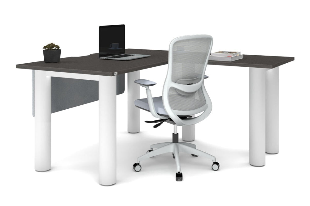 Quadro Cylinder Leg - L Shaped Corner Office Desk  [1400L x 1800W with Cable Scallop]-black leg dark oak metal modesty panel