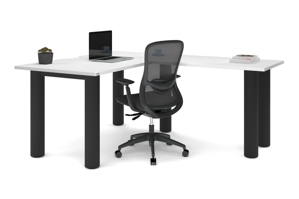 Quadro Cylinder Leg - L Shaped Corner Office Desk  [1400L x 1800W with Cable Scallop]-black leg dark oak metal modesty panel