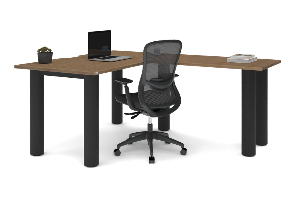 Quadro Cylinder Leg - L Shaped Corner Office Desk  [1400L x 1800W with Cable Scallop]-black leg dark oak metal modesty panel