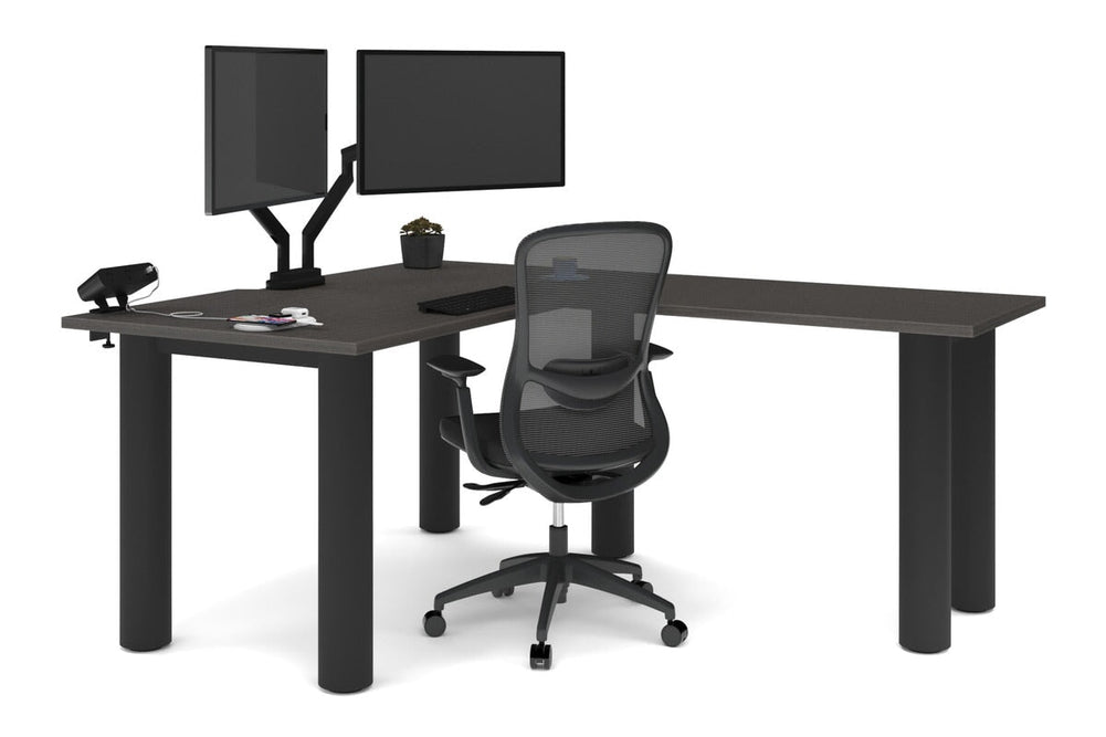 Quadro Cylinder Leg - L Shaped Corner Office Desk  [1400L x 1800W with Cable Scallop]-black leg dark oak metal modesty panel