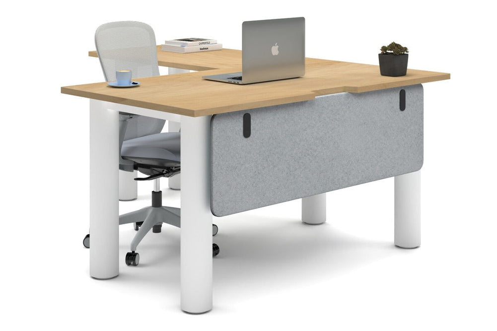 Quadro Cylinder Leg - L Shaped Corner Office Desk  [1400L x 1800W with Cable Scallop]-white leg maple light grey acoustic modesty panel (350H x 1200W)