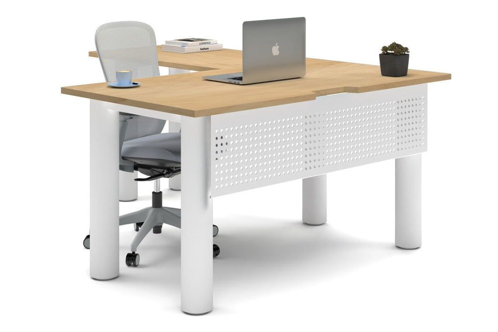 Quadro Cylinder Leg - L Shaped Corner Office Desk  [1400L x 1800W with Cable Scallop]-white leg maple metal modesty panel