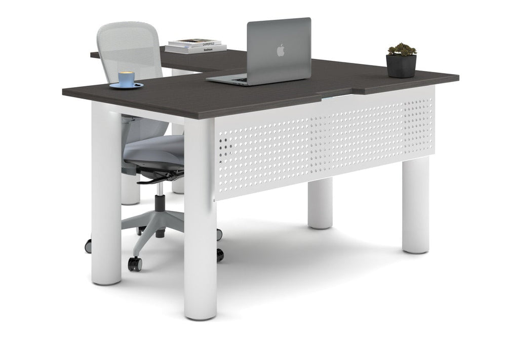 Quadro Cylinder Leg - L Shaped Corner Office Desk  [1400L x 1800W with Cable Scallop]-white leg dark oak metal modesty panel