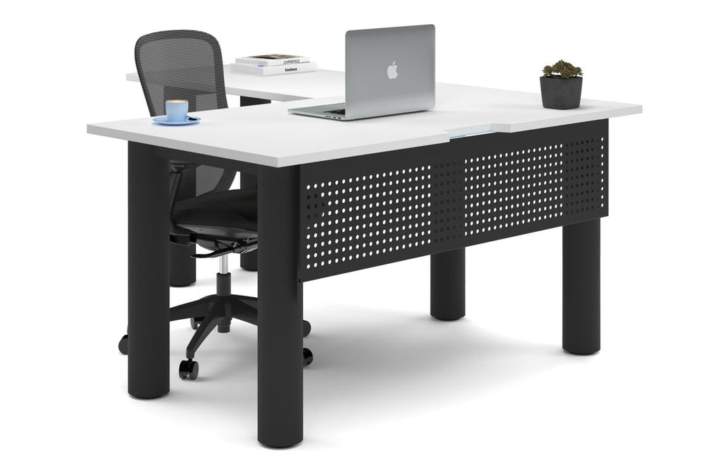 Quadro Cylinder Leg - L Shaped Corner Office Desk  [1400L x 1800W with Cable Scallop]-black leg white metal modesty panel