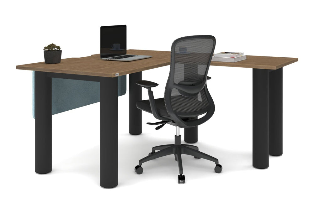 Quadro Cylinder Leg - L Shaped Corner Office Desk  [1400L x 1800W with Cable Scallop]-black leg dark oak metal modesty panel