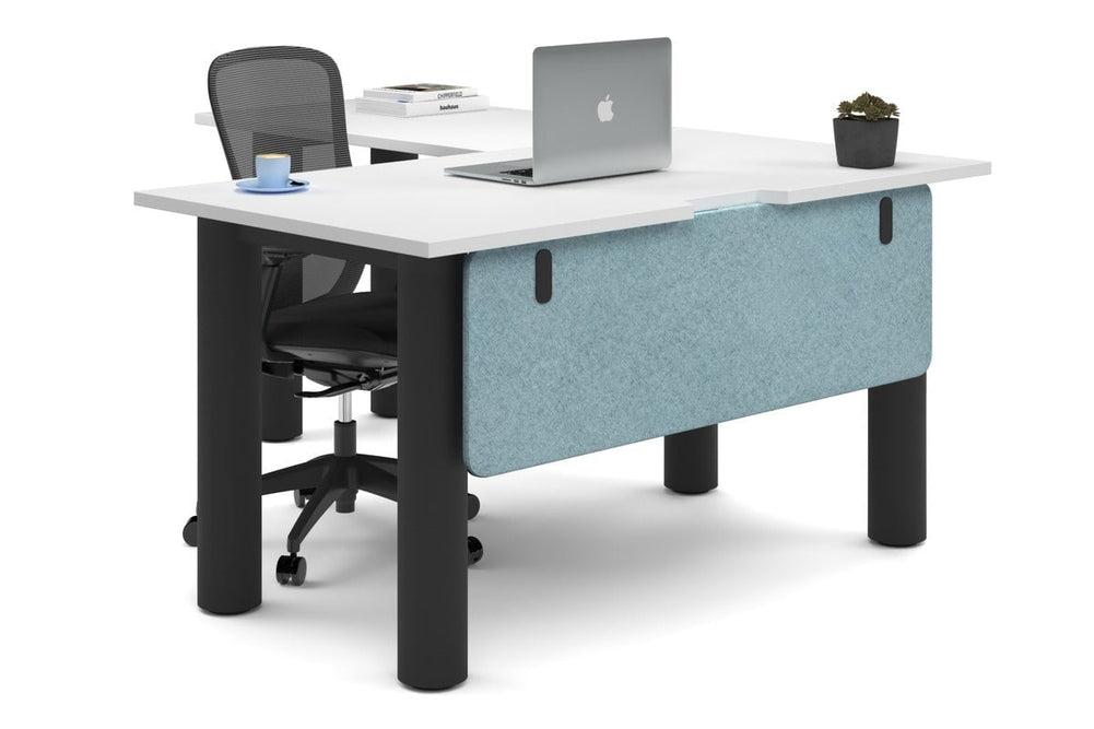 Quadro Cylinder Leg - L Shaped Corner Office Desk  [1400L x 1800W with Cable Scallop]-black leg white blue acoustic modesty panel (350H x 1200W)