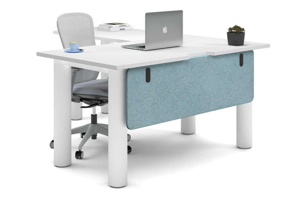 Quadro Cylinder Leg - L Shaped Corner Office Desk  [1400L x 1800W with Cable Scallop]-white leg white blue acoustic modesty panel (350H x 1200W)