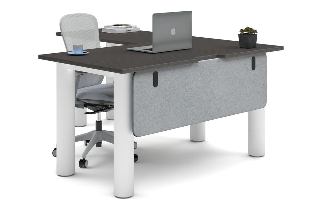 Quadro Cylinder Leg - L Shaped Corner Office Desk  [1400L x 1800W with Cable Scallop]-white leg dark oak light grey acoustic modesty panel (350H x 1200W)