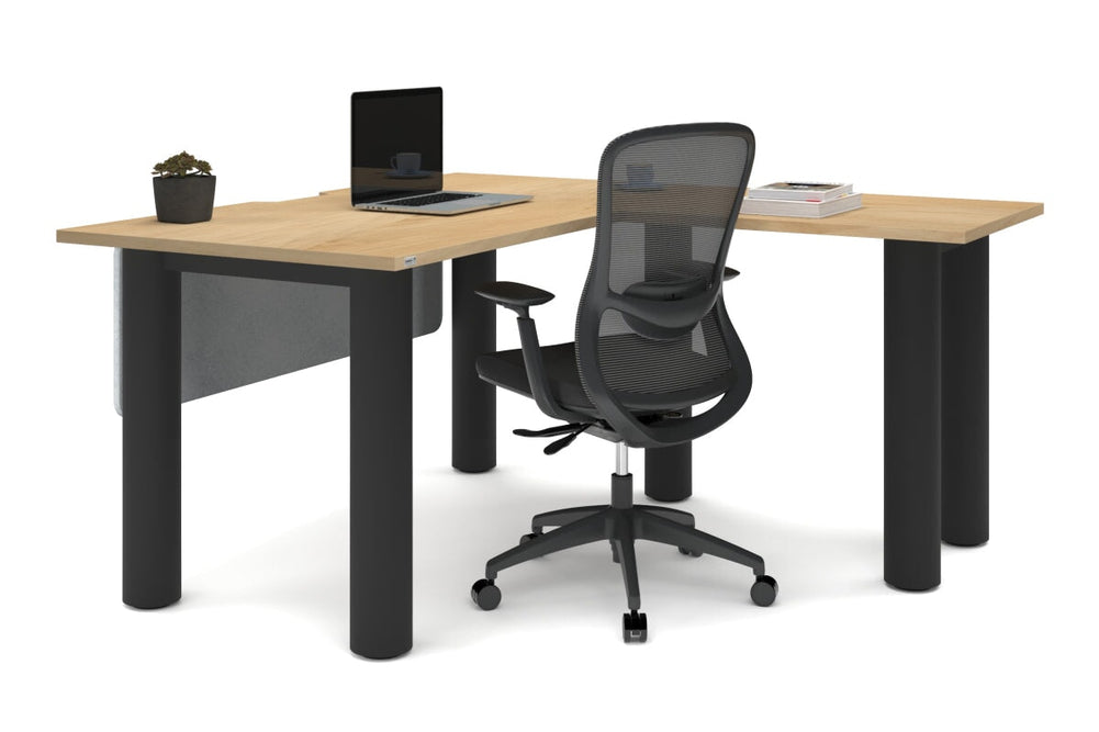 Quadro Cylinder Leg - L Shaped Corner Office Desk  [1400L x 1800W with Cable Scallop]-black leg dark oak metal modesty panel