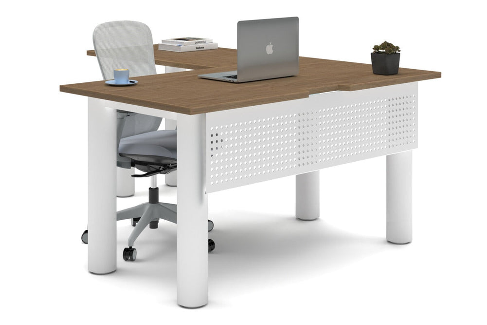 Quadro Cylinder Leg - L Shaped Corner Office Desk  [1400L x 1800W with Cable Scallop]-white leg salvage oak metal modesty panel