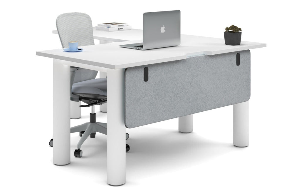 Quadro Cylinder Leg - L Shaped Corner Office Desk  [1400L x 1800W with Cable Scallop]-white leg white light grey acoustic modesty panel (350H x 1200W)
