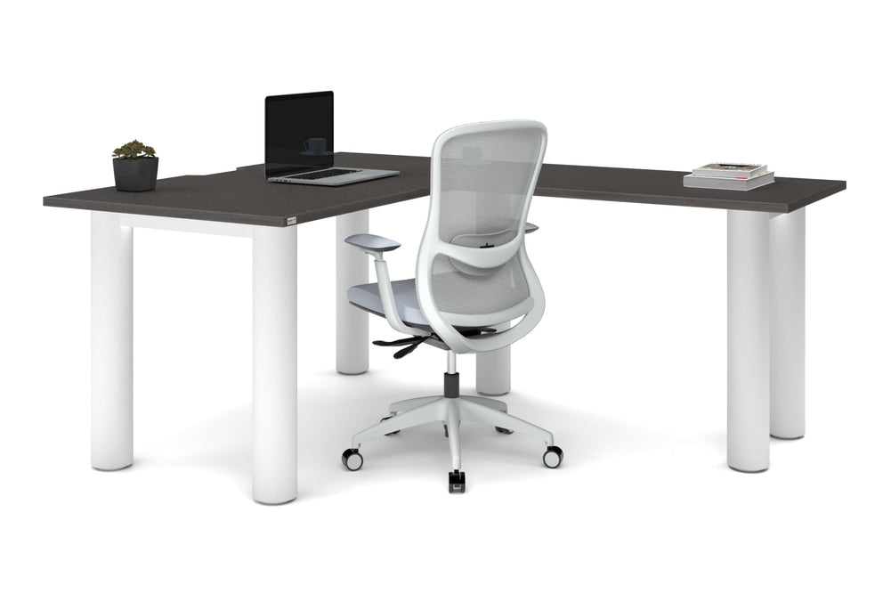 Quadro Cylinder Leg - L Shaped Corner Office Desk  [1400L x 1800W with Cable Scallop]-black leg dark oak metal modesty panel