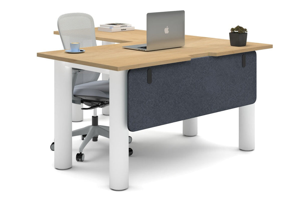 Quadro Cylinder Leg - L Shaped Corner Office Desk  [1400L x 1800W with Cable Scallop]-white leg maple dark grey acoustic modesty panel (350H x 1200W)
