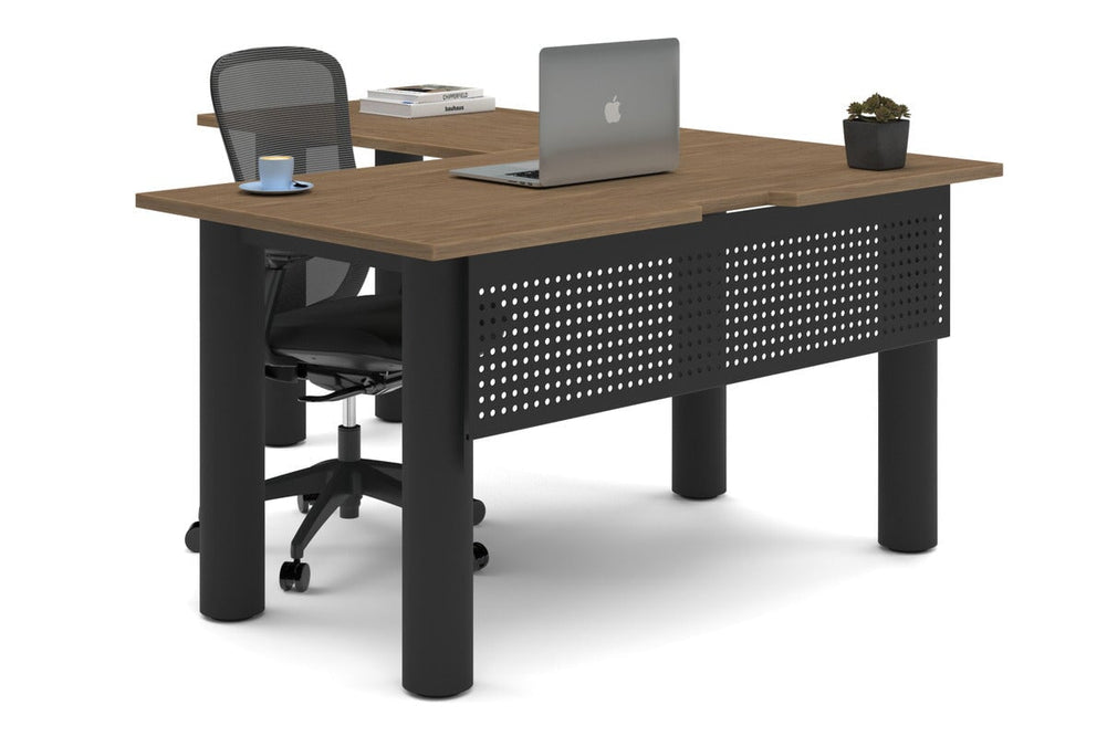 Quadro Cylinder Leg - L Shaped Corner Office Desk  [1400L x 1800W with Cable Scallop]-black leg salvage oak metal modesty panel