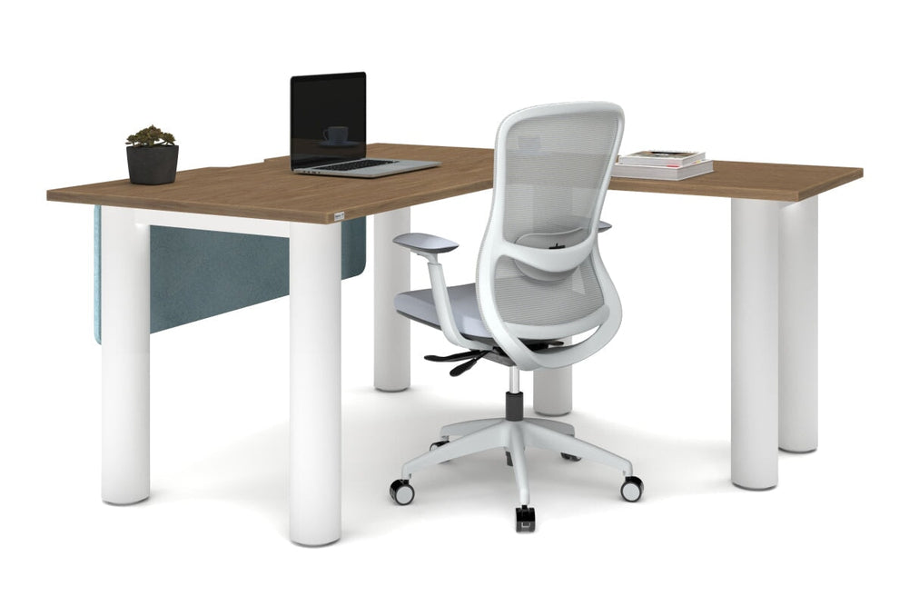 Quadro Cylinder Leg - L Shaped Corner Office Desk  [1400L x 1800W with Cable Scallop]-black leg dark oak metal modesty panel