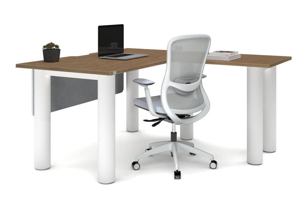 Quadro Cylinder Leg - L Shaped Corner Office Desk  [1400L x 1800W with Cable Scallop]-black leg dark oak metal modesty panel
