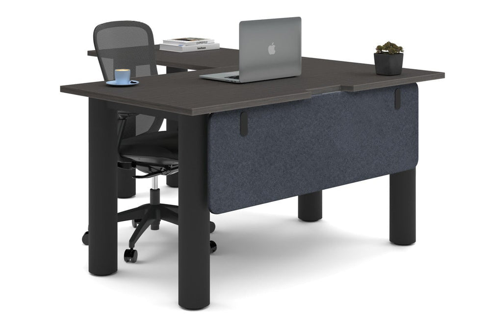 Quadro Cylinder Leg - L Shaped Corner Office Desk  [1400L x 1800W with Cable Scallop]-black leg dark oak dark grey acoustic modesty panel (350H x 1200W)