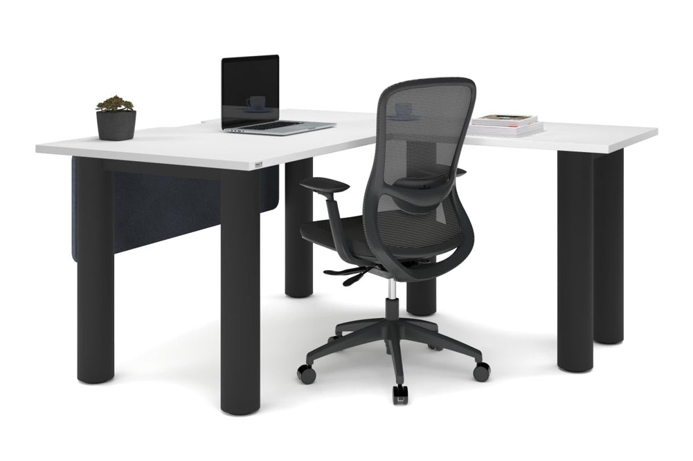 Quadro Cylinder Leg - L Shaped Corner Office Desk  [1400L x 1800W with Cable Scallop]-black leg dark oak metal modesty panel