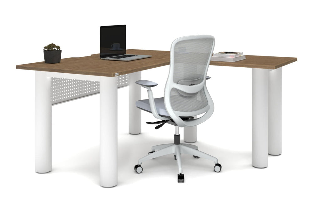 Quadro Cylinder Leg - L Shaped Corner Office Desk  [1400L x 1800W with Cable Scallop]-black leg dark oak metal modesty panel