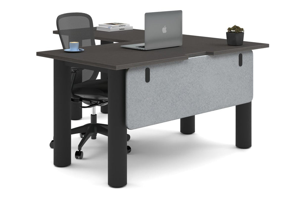 Quadro Cylinder Leg - L Shaped Corner Office Desk  [1400L x 1800W with Cable Scallop]-black leg dark oak light grey acoustic modesty panel (350H x 1200W)